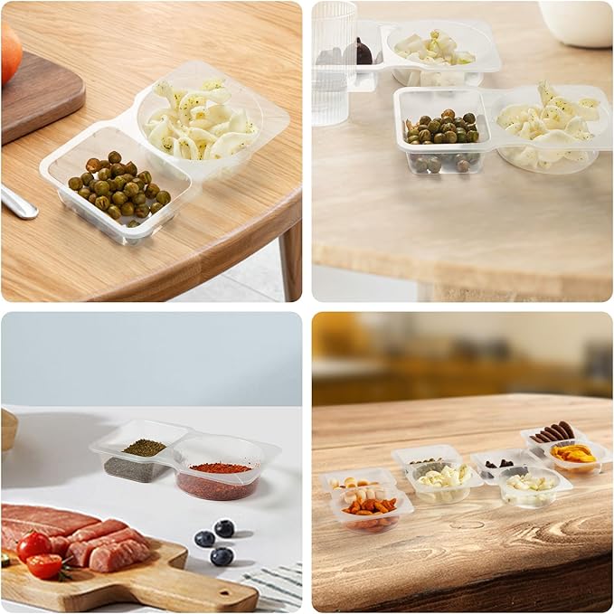 Snack Containers Double Compartment Snack Packs with Lids Grab and Go Snack Prep Box Meal Prep 2 Compartments Condiment Dipping Containers (50 Pcs)