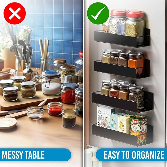 Magnetic Spice Storage Rack Organizer for Kitchen, Refrigerator and Oven, Matt Black Fridge Organizers and Storage (4 Pack)