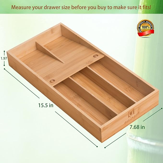 Bamboo Silverware Organizer, Kitchen Silverware Drawer Organizer, Utensil Tray Holder, Cutlery Tray for Spoons, Forks, Knives