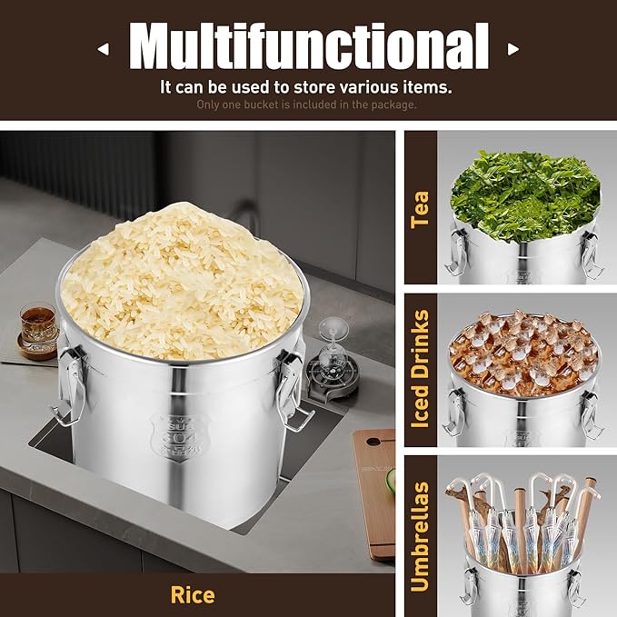 304 Stainless Steel Airtight Canister, Rice Cereal Grain Canisters Container, 6/12/21/33/48 Liters Food Bean Flour Oil Sugar Milk Cookie Storager Bucket w/Handles & Lid for Household Kitchen (33L)