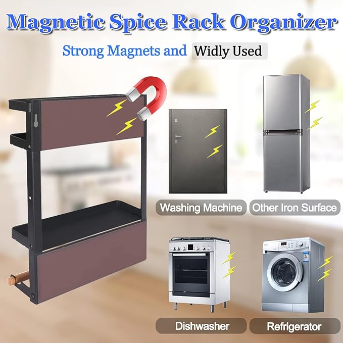 Magnetic Spice Rack for Refrigerator Magnetic Paper Towel Holder for Fridge Magnetic Shelf Magnetic Shelves Fridge Magnet Organizer Spice Rack Kitchen Organization Kitchen Storage Black