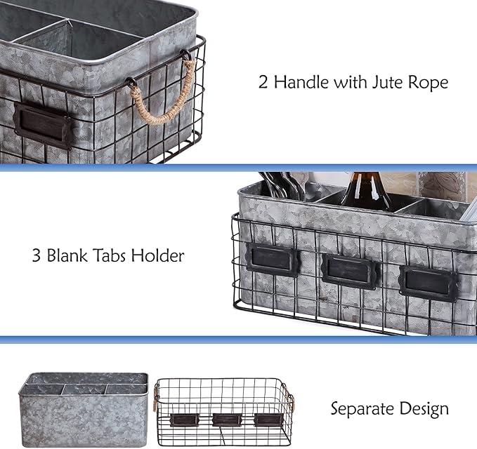 NIKKY HOME Farmhouse Utensil Caddy for Parties, Flatware Caddy for Countertop, Rustic Galvanized Silverware Cutlery Caddy with Napkin Holder for Kitchen, Dining, Outdoors, Picnics, Parties - Silver