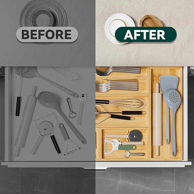 Bamboo Drawer Organizer, Small Silverware Organizer for Kitchen Drawer, Stackable Utensil Organizer, 2 Pcs Flatware Organizer for Drawer, Wooden Storage Box Tray (Bamboo, 6 X 3 X 2 Inch)