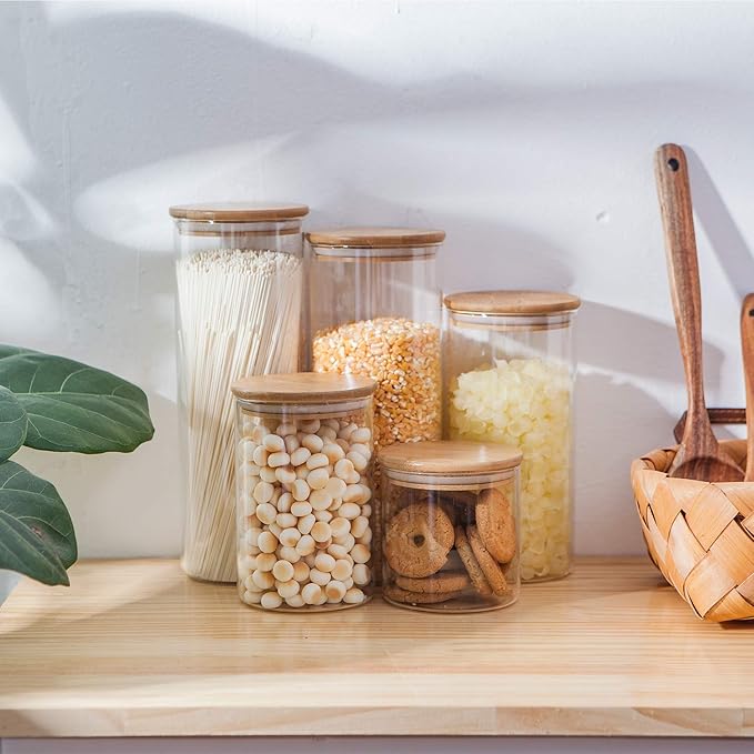 Glass Food Storage Containers Set,Airtight Food Jars with Bamboo Wooden Lids - Set of 5 Kitchen Canisters For Sugar,Candy, Cookie, Rice and Spice Jars