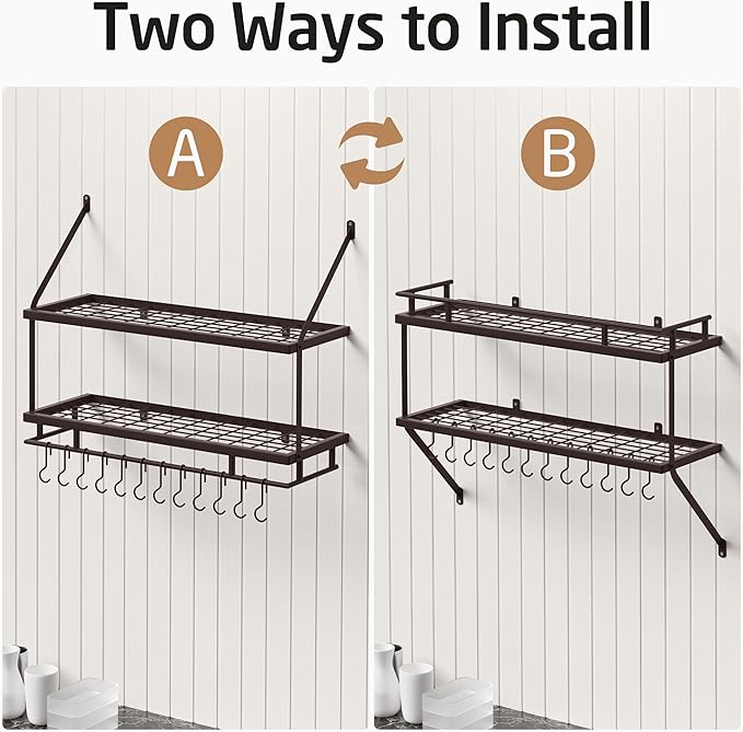KES 30-Inch Oiled Bronze Pot Rack Wall Mounted, 2-Tier Hanging Pot and Pan Organizer with 12 Sturdy Hooks, Kitchen Wall Hanger Shelves Farmhouse Style, KUR215S75B-OB