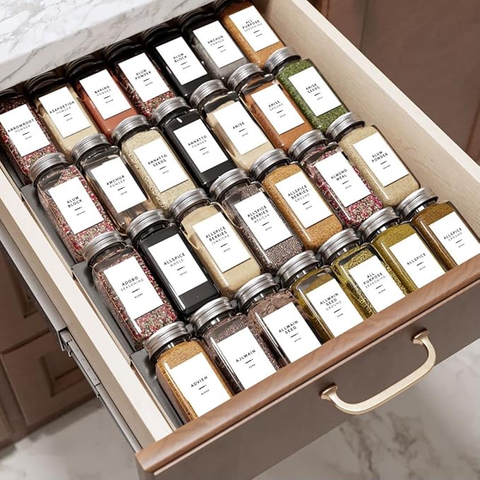 400 Minimalist Spice Labels, Preprinted Stickers Booklet, Black Text on White Waterproof Matte Backing, Herb Seasoning Spice Jars Rack Organization System