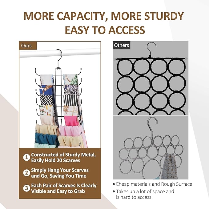 ZEDODIER Scarf Organizer Scarf Hanger for Closet, 2 Pack Rotatable Sturdy Hijab Holder Holds 40 Scarves, Space Saving Closet Organizers and Storage, Black
