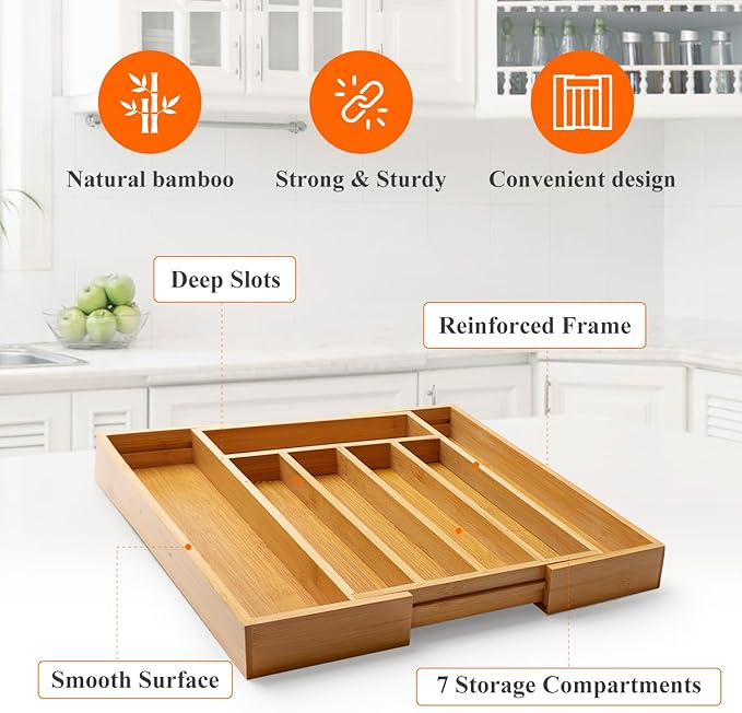 Expandable Large Utensil Drawer Organizer Cutlery Tray Bamboo Kitchen Silverware Organizer Cooking Utensil Tray Holder Adjustable Wooden Flatware Organizer for Drawer Spoon Fork Silverware Tray