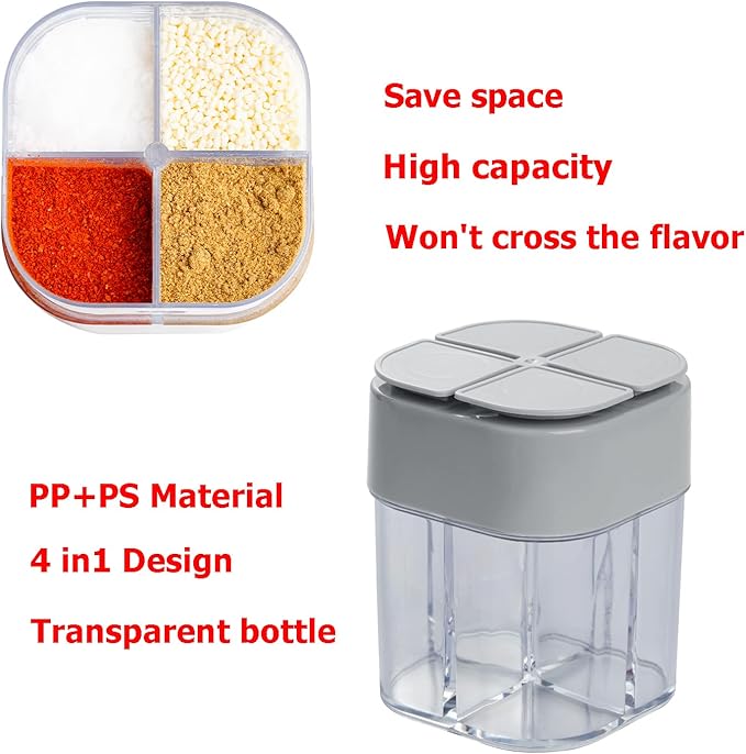 2 Pack 4 in 1 Spice Container Salt and Pepper Shaker Transparent Seasoning Shaker Can Filter Lumps Spice Jars for Home Restaurant Camping Travel Cooking BBQ (Grey)