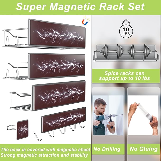 Magnetic Spice Rack for Refrigerator, 9 Pack Magnetic Fridge Shelves W/Adjustable Paper Towel Holder, Hook Rack, Moveable Spice Organizer Shelf for Kitchen Organization and Storage (Grey)