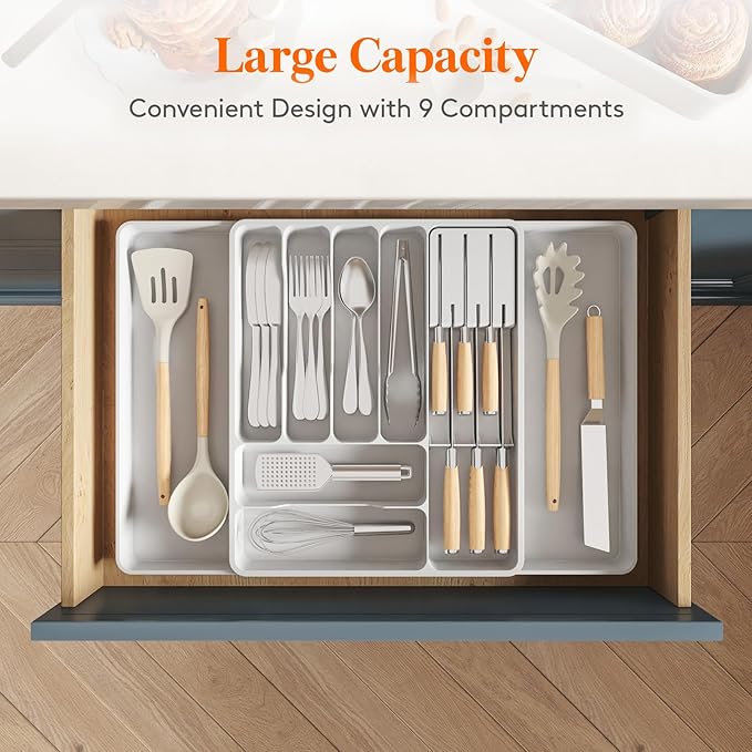 Lifewit Silverware Organizer for Kitchen Drawers, Expandable Utensil Tray with Removable Knife Block, Adjustable Cutlery and Flatware Holder, Plastic Spoon Forks Holder Storage Divider, Large, White