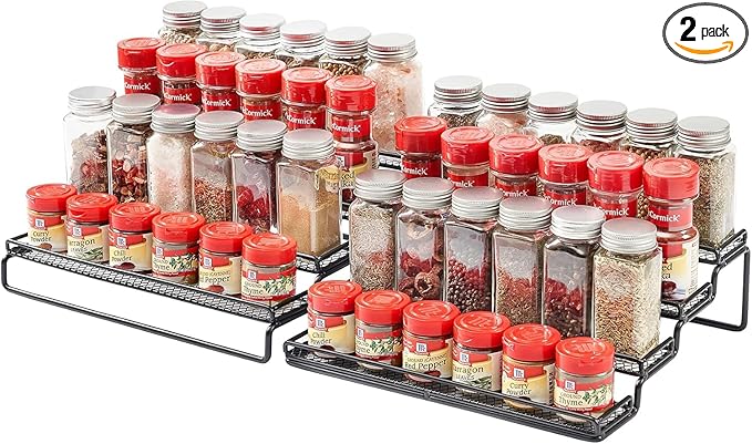 2 Pack Spice Rack Organizer for Cabinet, 4 Tier Expandable Seasoning Organizer Shelf, Spice Holder with Protection Railing, Metal, Black