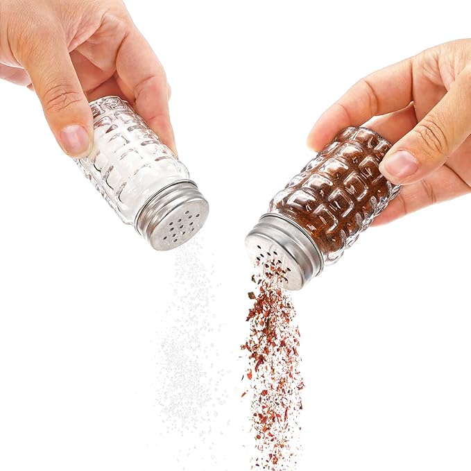 Jucoan 16 Pack Retro Style Glass Salt and Pepper Shakers with Stainless Steel Top, 2 oz Small Glass Spices Shakers Seasoning Bottle Jars for Kitchen Restaurant Wedding BBQ Party Camp Travel