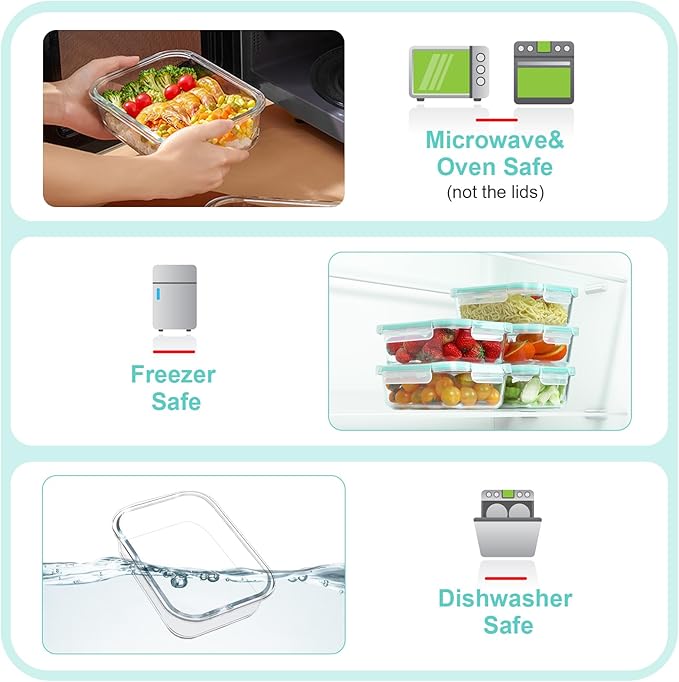 BAYZZ 35 Oz Glass Meal Prep Containers, 5 Pack Glass Food Storage Containers, Glass Bento Boxes with Lids-Dishwasher, Microwave, Oven & Freezer Friendly, Green