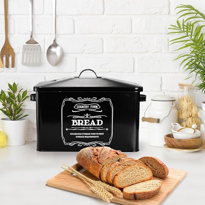 yarlung Metal Bread Box with 3 Kitchen Canisters Set, Large Black Farmhouse Bread Tin for Kitchen Countertop, Coffee Tea Sugar Canister with Lid for Pantry Organizer Home Storage