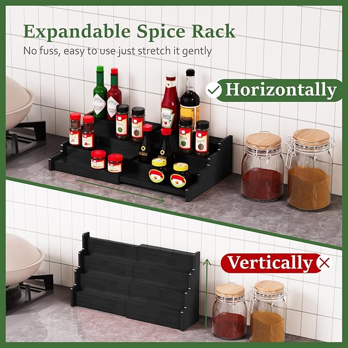 Spice Rack Organizer for Expandable 4-Tier, 2 Pack Adjustable Bamboo Spice Storage for Kitchen Cabinet, Pantry and Countertop Organization, Black