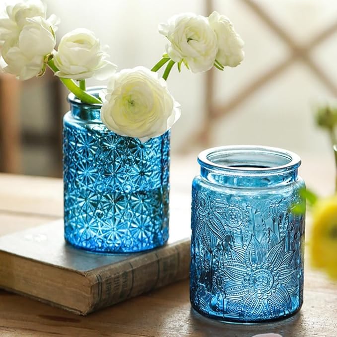 Vintage Glass Jar with Bamboo Lid, 23.7oz Blue Glass Jars, Decorative Mason Jar for Home Kitchen Storage Coffee Tea Sugar Candy Dish Cute Jar (Blue, 1Pack)