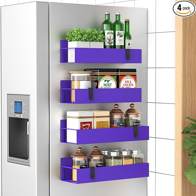 4 Pack Magnetic Spice Storage Rack Organizer for Refrigerator and Oven, Purple Fridge Organizers and Storage