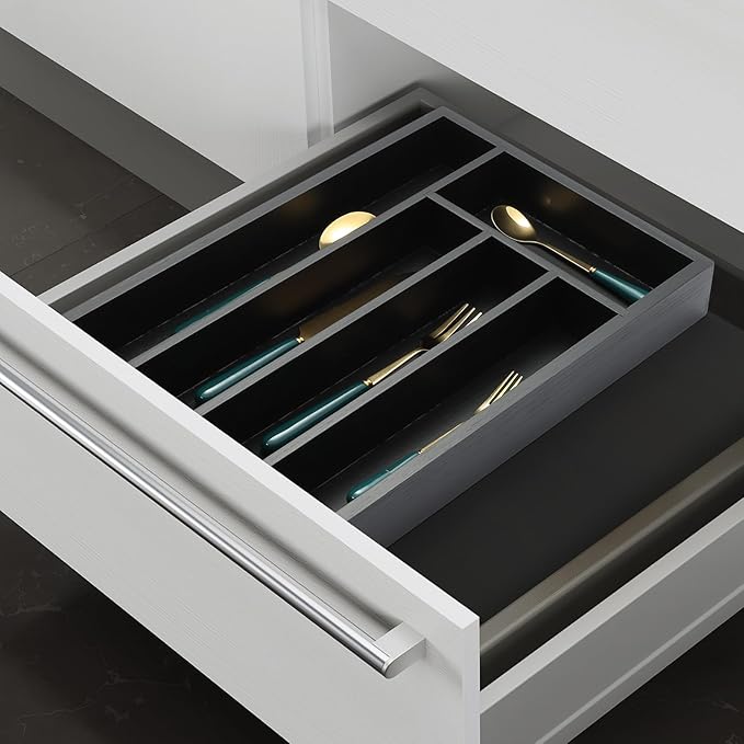 Bamboo Silverware Drawer Organizer with Labels,Kitchen Small Narrow Utensil Drawer Organizer,Kitchen Utensil Tray Holder Organizer for Flatware,Cutlery,Spoon,Knives Drawer Organization (Black, Large)