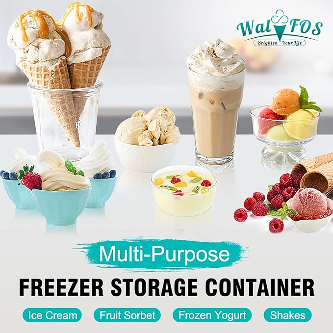 Walfos Ice Cream Containers for Homemade Ice Cream - 1.6 Quart & 8 oz. Set, Bonus Sealing Bands Keeping Silicone Lids Airtight, Reusable Ice Cream Tubs, Stackable Freezer Storage Container - Blue