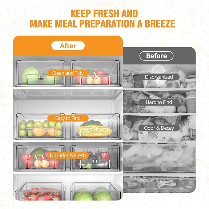 Clear Stackable Storage Drawers - 2 Pack Refrigerator Drawers for Refrigerator Organizers and Storage, Fridge Drawer Organizer for Fruit and Veggie Storage, Acrylic Storage Drawers Pull Out Bin