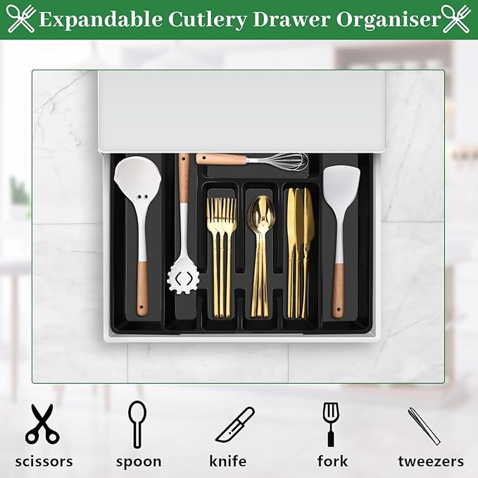 Utensil Drawer Organizer, Expandable Silverware Drawer Organizer Adjustable Kitchen Drawer Organizer Cutlery Drawer Utensil Tray Flatware Tray for Forks Spoons Knife Organizer(Large, Black)