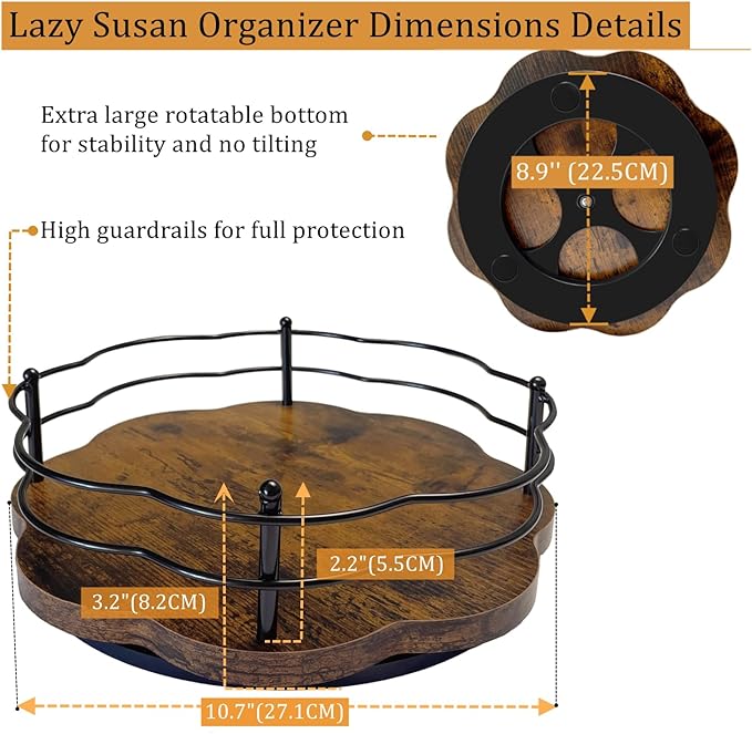 11" Lazy Susan Turntable Organizer Higher Guardrail 360°Rotating Non-Slip Base Lazy Susan Spice Rack Organizer for Cabinet Table Top Kitchen Countertop Dining Table Pantry Coffee Bar Storage