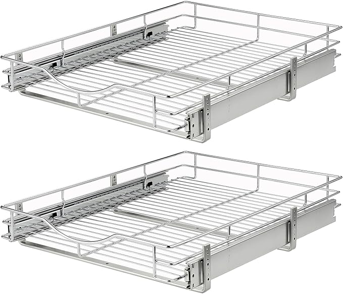DINDON Pull Out Cabinet Organizer, (20" W x 18" D) Heavy-Duty Metal Sliding Drawer Shelf, Bathroom Under Sink Kitchen Cabinets Organizer and Storage Slide Out Shelves, Chrome, 1 Tier, 2 Pack