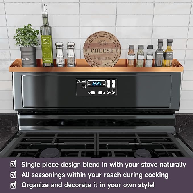 Copper Magnetic Stove Top Shelf, 30" Length, Spice Rack Over the Stove, Oven Shelf for Top of Stove, Kitchen Organizer & Seasoning Storage (Brushed Copper)