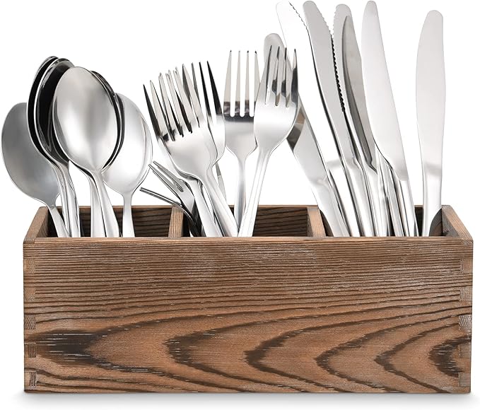 Wooden Silverware Organizer, 3 Spacious Compartments Cooking Spatula Holder, Silverware Storage Kitchen Utensil Flatware Caddy