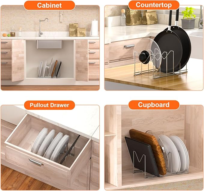 3 Pack Pot Lid Organizer for Cabinet, Stainless Steel Pot Lid Rack with Anti-slip Pad, Lid Holder for Pans Pots, Bakeware, Plates, Cookie Sheets, Trays, Dish, Cutting Boards, Silver