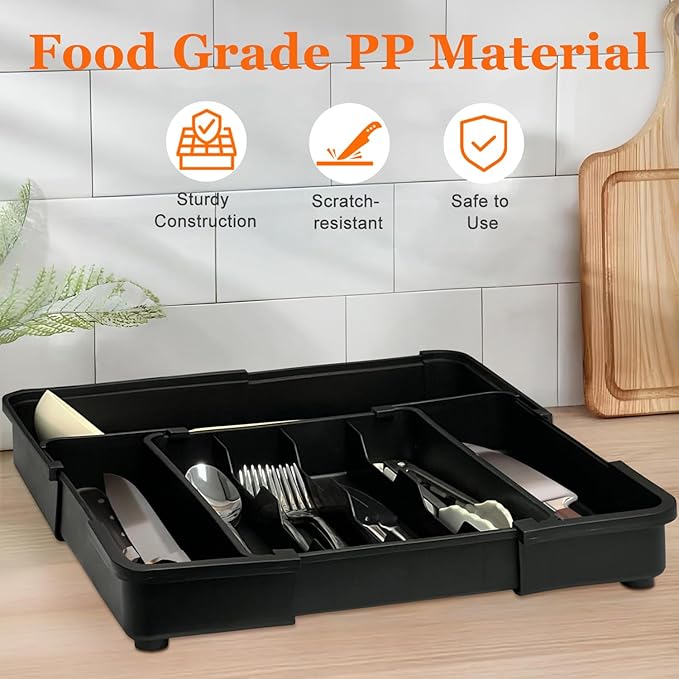 Silverware Organizer Expandable Utensil Drawer Organizer Adjustable Silverware Drawer Organizer, Flatware Cutlery Tray for Spoons Forks Knives Kitchen Organizers Storage,Black