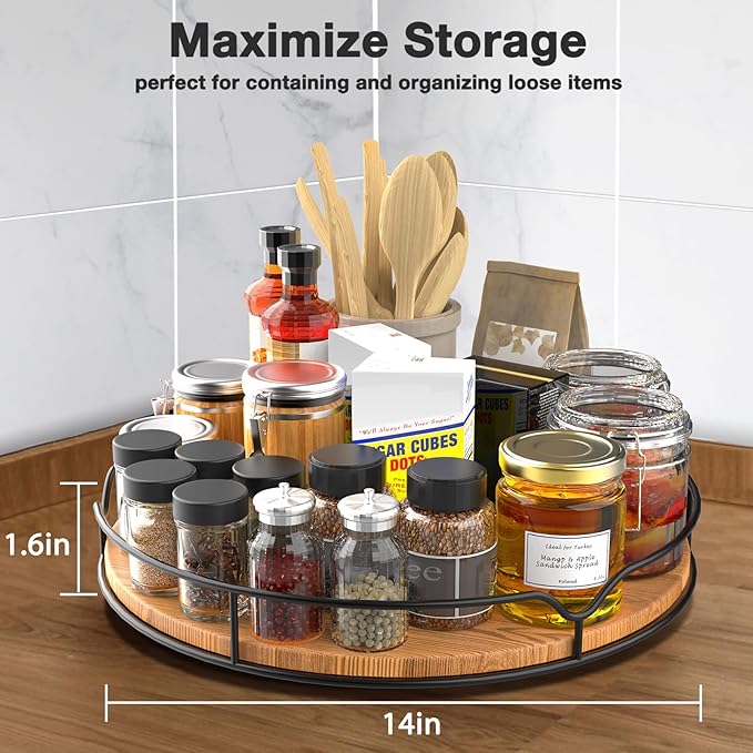 Lazy Susan Turntable Organizer for Cabinet Pantry Kitchen Countertop Refrigerator Cupboard, Pine Wood (Carbonized Black, 14“)