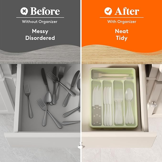 Lifewit Silverware Organizer with Lid, Covered Utensil Tray for Kitchen Drawer and Countertop, Plastic Cutlery and Flatware Storage Box for Spoons Forks Knives Holder Case, 5 Compartments, Green