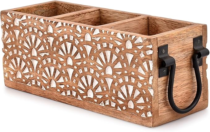 NIRMAN Mango Wood 3 Compartment Multi Purpose Utensil Cutlery Racks for Cutlery, Napkins, Cups Caddy Organizer (11" x 4" x 4.5")
