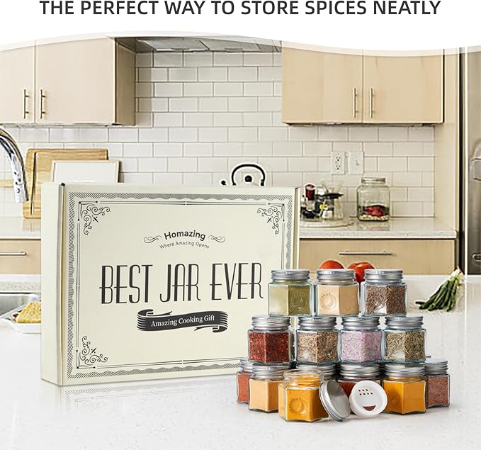 Homazing Set of 20 Large 4oz Magnetic Spice Jars for Refrigerator, Hexagon Glass Magnetic Spice Jars with Shaker Lids and Labels for Kitchen RV Travel Trailer, Magnetic Spice Containers for Fridge