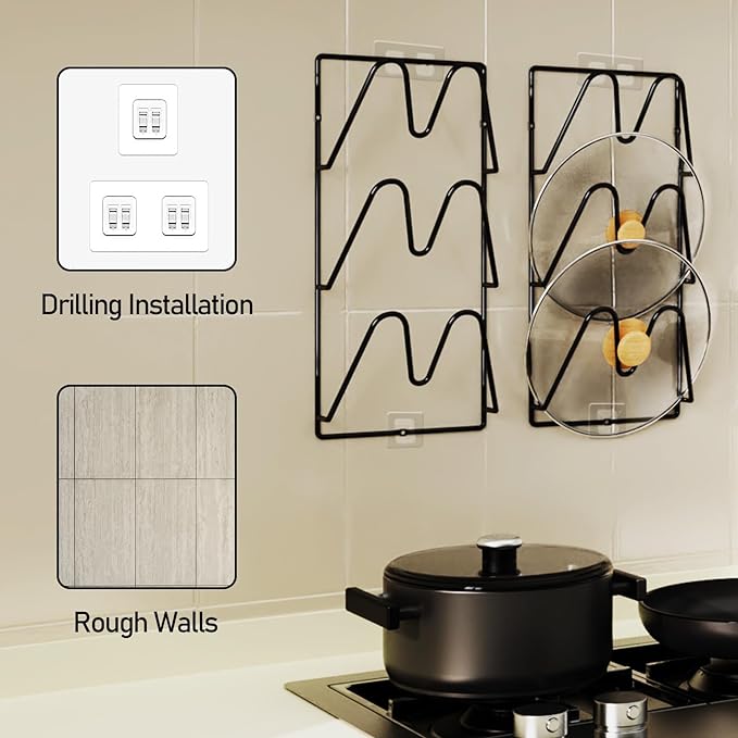 2-Pack Pot Lid Organizer, 6-Tier Pots & Pans Lid Holder Organizer for Cabinet or Wall/Door Kitchen Storage, No-Drill Adhesive Mount, Space-Saving Solution (Black)
