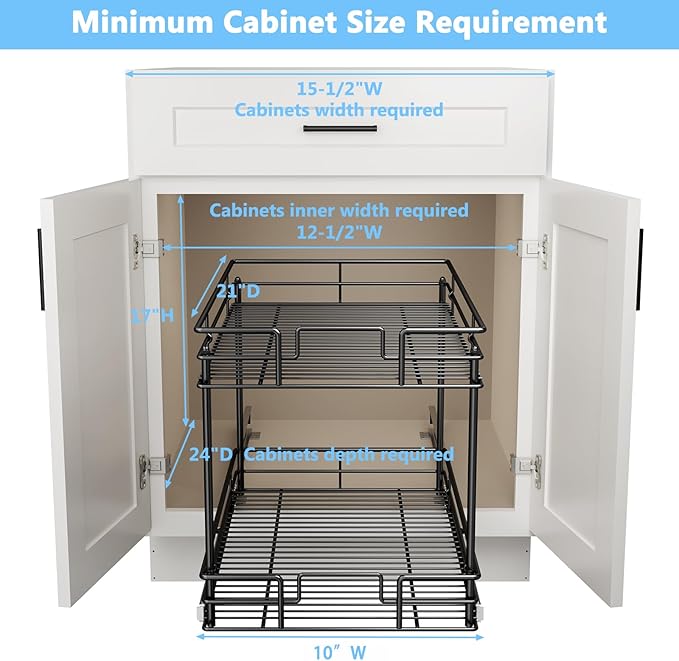 LOVMOR Cabinet Organizer, 2-Tier Pull Out Cabinet Organizers 11" W x 21" D, Pull Out Home Organizers Chrome Pull Out Drawer for Base Cabinet Black
