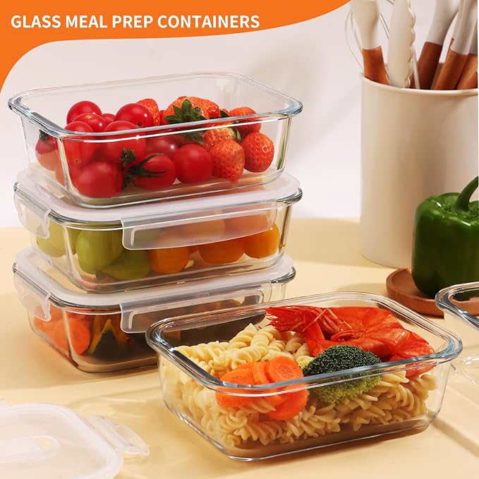 5-Pack Glass Storage Containers with Lids,35 Oz Meal Prep Containers Reusable,Airtight Glass Lunch Containers,for Microwave, Freezer and Dishwasher,White Leak Proof Locking Lids