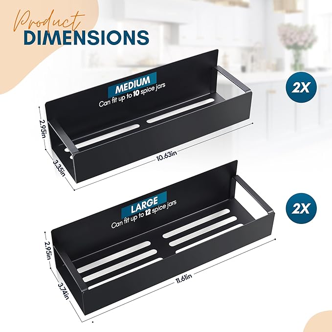 Magnetic Spice Rack for Refrigerator - Strong Magnetized Shelf for Fridge Storage - 4 Pack with 8 Moveable Hooks - Versatile Kitchen Organizer - Space-Saving Fridge Magnet Shelves