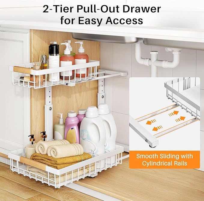 PXRACK 2 Pack Under Sink Organizer,Adjustable Height,2 Tier Pull Out Under Cabinet Organizer,Slide Out Thickened Metal Under Sink Storage for Kitchen Bathroom Laundry Cabinet Pantry,White(S)