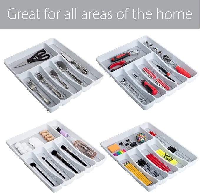 Smart Design 6 Compartment Plastic Drawer Organizer - Non-Slip Lining and Feet - BPA Free - Utensils, Flatware, Office, Personal Care, or Makeup Storage - Kitchen - White with Gray