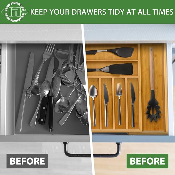 Silverware Organizer with 9 Slots - Bamboo Utensil Drawer Organizer for Kitchen - Expandable Flatware Drawer Organizer Tray for Kitchen Utensils, Cutlery and Tools
