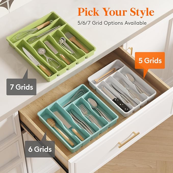 Lifewit Silverware Drawer Organizer Tray, Plastic Cutlery Storage for Kitchen Drawer, Flatware and Utensil Holder Divider for Spoons Forks Knives Tableware, 5 Compartment, White