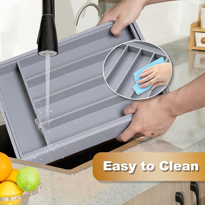Expandable Utensil Organizer Silverware Organizer for Kitchen Adjustable Utensils Holder Bamboo Large Flatware Silverware Cutlery in Drawer (7 Slot, Gray)