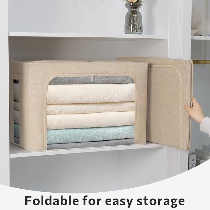 2 Pack Clear Window Storage Bins Large Foldable Fabric Storage Bins Boxes for Clothes Stackable Box Organizer Set with Carrying Handles (Beige, 19.7x 15.7x 12.5 Inch)