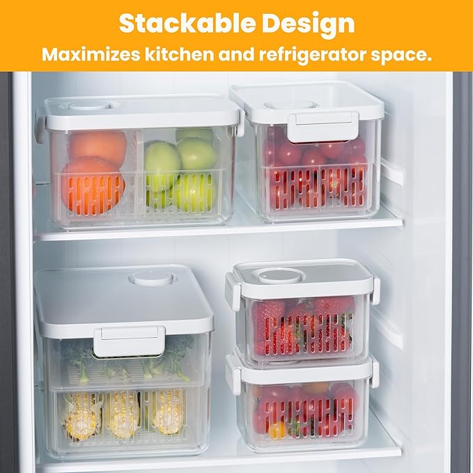 vacane 3 Pack Produce Containers with Removable Colanders, Clear Fruit Containers for Fridge Dishwasher Safe Lettuce Keeper Berry Containers, Keep Vegetable Food Fresh