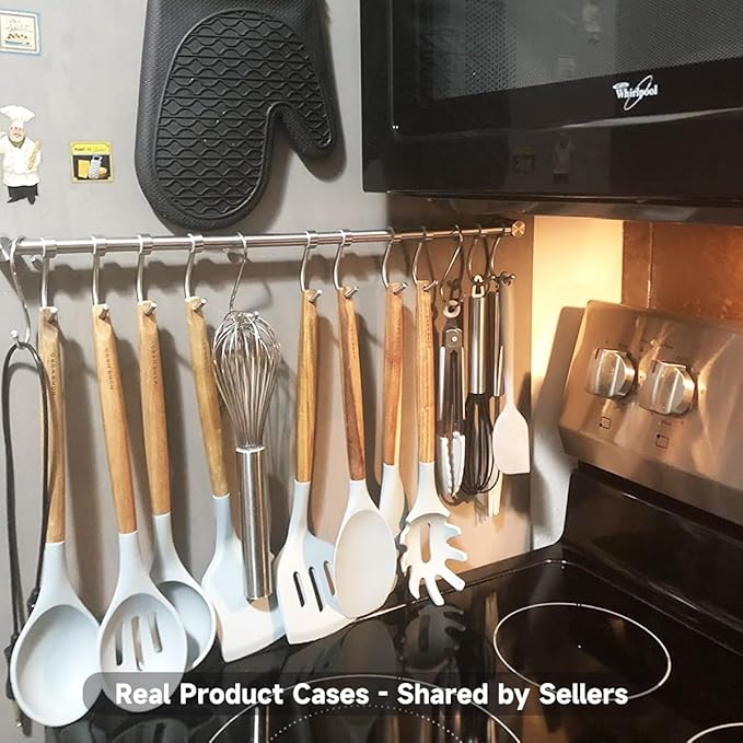 304 Stainless Steel Kitchen Utensil Hanger - 30 Inch Wall Mount with 15 Noiseless Sliding Hooks, Pots and Pans Hanging Rack, Organizer Storage Perfect for Organizing Cooking Tools, Golden