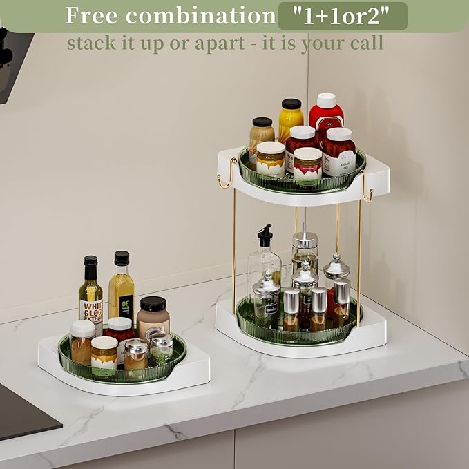 2 Pack Lazy Susan Turntable - Corner Spice Organizer for Cabinet - 9 Inch Rotating Condiment Rack Storage for Refrigerator, Pantry, Kitchen, Vanity, Bathroom Countertop (2 Tier-Green)