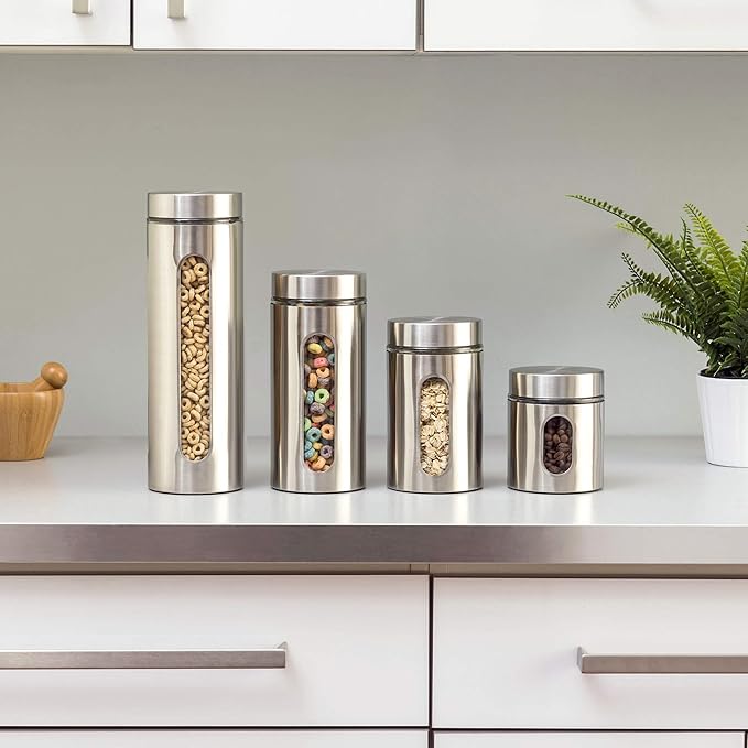 Quality 4pc Stainless Steel Canister Set for Kitchen Counter with Glass Window & Airtight Lids, Food Storage Containers, Pantry Storage & Organization Set for Coffee, Flour, Pasta, Rice, Spices, Herbs